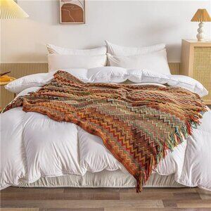 Fall Boho Throw Blanket for Couch - Soft Knitted Farmhouse Bed Throw